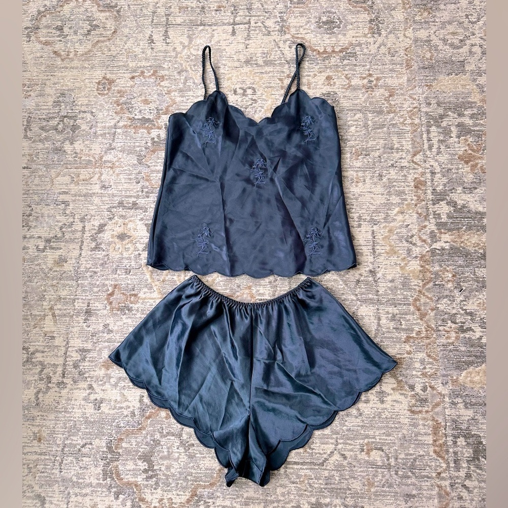 Silky Navy Scallop-Trim Cami & Shorts Pajama Set